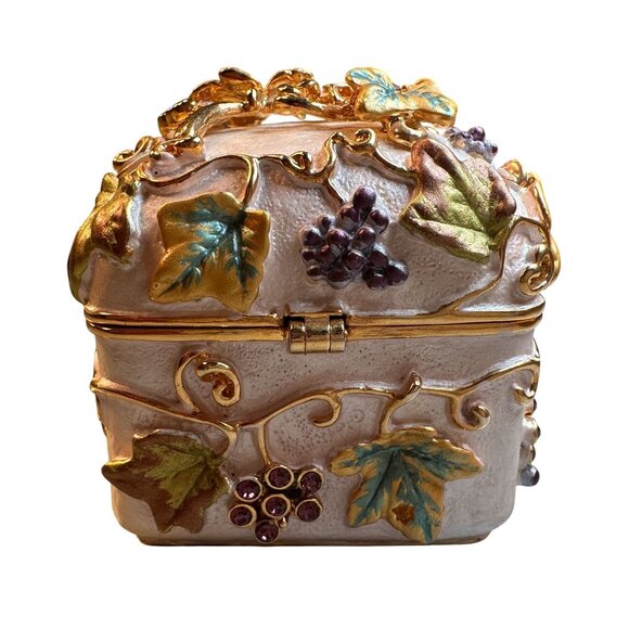 Russian Limoges Decorative Grape Leaf Design Trinket Box Rhinestone - Picture 4 of 15